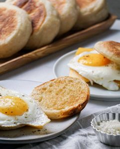 A Zinglish English Muffin from Zingerman's Bakehouse with an egg on top.